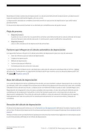 Basándose en estas condiciones de depreciación, se calcula automáticamente la depreciación y la depreciación 
especial usando procedimientos legales y de uso común. 
La depreciación calculada se contabiliza automáticamente en ejecuciones de depreciación que usted realiza 
periódicamente. 
El cálculo de la depreciación también se ve afectado por contabilizaciones de ajuste manual. 
Flujo de proceso 
● Etapa de proceso 1 
Cuando se crea un activo fijo, los parámetros se toman automáticamente de los valores estándar de la clase 
de activo fijo para cada vista de valoración. A continuación, puede modificarlos manualmente. 
● Etapa de proceso 2 
Lleva a cabo una ejecución de depreciación de activos fijos. 
Factores que influyen en el cálculo automático de depreciación 
Los siguientes factores influyen en el cálculo automático de depreciación para una vista de valoración: 
● Valor de referencia para el cálculo de depreciación 
● Longitud de depreciación 
● Método de depreciación 
● Factores de especial influencia 
● Contabilizaciones de corrección manuales 
La información sobre la depreciación calculada para cada vista de valoración está disponible en la ficha Valores 
del activo fijo. Puede generar un seguimiento de depreciación que muestre cómo se calculó la depreciación con 
Valores Explicar valores . 
Base del cálculo de depreciación 
Los costes de adquisición de las contabilizaciones de alta, así como también cualquier depreciación de un activo fijo 
ya realizado (valor neto contable) forma la base para el cálculo de la depreciación de activo fijo (valor neto contable 
calculado al inicio del ejercicio fiscal). La depreciación normalmente finaliza cuando el valor contable llega a cero. 
Dependiendo de la legislación y los principios contables internacionales, el valor de sustitución definido para la 
contabilización de revaloración manual de un activo fijo también puede servir como base para el cálculo de 
depreciación subsiguiente. Para vistas de valoración analítica o vistas de valoración utilizadas para los seguros, 
habitualmente este valor de sustitución se calcula automáticamente con una serie de índices y después se 
contabiliza. 
Duración del cálculo de depreciación 
El cálculo de la depreciación comienza con la Fecha de inicio de depreciación definida en los datos maestros de los 
activos fijos. El cálculo de la depreciación fiscal especial empieza por la fecha especificada bajo Inicio de depreciación 
especial. 
Ambas entradas se derivan de la fecha de capitalización del activo fijo mediante las reglas del inicio de la depreciación 
(control de períodos) definidas en el método de depreciación. 
SAP Business ByDesign, febrero de 2014 
Activos fijos P U B L I C • © 2014 SAP AG. Reservados todos los derechos. 233 
 