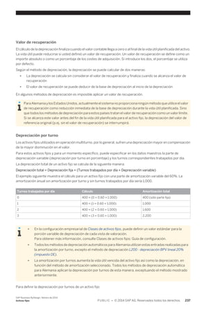 Valor de recuperación 
El cálculo de la depreciación finaliza cuando el valor contable llega a cero o al final de la vida útil planificada del activo. 
La vida útil puede reducirse si usted definió un valor de recuperación. Un valor de recuperación se define como un 
importe absoluto o como un porcentaje de los costes de adquisición. Si introduce los dos, el porcentaje se utiliza 
por defecto. 
Según el método de depreciación, la depreciación se puede calcular de dos maneras: 
● La depreciación se calcula sin considerar el valor de recuperación y finaliza cuando se alcanza el valor de 
recuperación 
● El valor de recuperación se puede deducir de la base de depreciación al inicio de la depreciación 
En algunos métodos de depreciación es imposible aplicar un valor de recuperación. 
Para Alemania y los Estados Unidos, actualmente el sistema no proporciona ningún método que utilice el valor 
de recuperación como reducción inmediata de la base de depreciación durante la vida útil planificada. Sino 
que todos los métodos de depreciación para estos países tratan el valor de recuperación como un valor límite. 
Si se alcanza este valor antes del fin de la vida útil planificada para el activo fijo, la depreciación del valor de 
referencia original (p.ej. sin el valor de recuperación) se interrumpirá. 
Depreciación por turno 
Los activos fijos utilizados en operación multiturno, por lo general, sufren una depreciación mayor en compensación 
de la mayor disminución en el valor. 
Para estos activos fijos y para un momento específico, puede especificar en los datos maestros la parte de 
depreciación variable (depreciación por turno en porcentaje) y los turnos correspondientes trabajados por día. 
La depreciación total de un activo fijo se calcula de la siguiente manera: 
Depreciación total = Depreciación fija + (Turnos trabajados por día × Depreciación variable) 
El ejemplo siguiente muestra el cálculo para un activo fijo con una parte de amortización variable del 60%. La 
amortización anual sin amortización por turno y sin turnos trabajados por día sería 1,000. 
Turnos trabajados por día Cálculo Amortización total 
0 400 + (0 × 0.60 × 1,000) 400 (sólo parte fija) 
1 400 + (1 × 0.60 × 1,000) 1,000 
2 400 + (2 × 0.60 × 1,000) 1,600 
3 400 + (3 × 0.60 × 1,000) 2,200 
● En la configuración empresarial de Clases de activos fijos, puede definir un valor estándar para la 
porción variable de depreciación de cada vista de valoración. 
Para obtener más información, consulte Clases de activos fijos: Guía de configuración. 
● Todos los métodos de depreciación automáticos para Alemania utilizan estas entradas realizadas para 
la amortización por turno, excepto el método de depreciación L200 - depreciación BPV lineal 20% 
(impuesto DE). 
● La amortización por turnos aumenta la vida útil vencida del activo fijo así como la depreciación, en 
función del método de amortización seleccionado. Todos los métodos de depreciación automática 
para Alemania aplican la depreciación por turnos de esta manera, exceptuando el método mostrado 
anteriormente. 
Para definir la depreciación por turnos de un activo fijo: 
SAP Business ByDesign, febrero de 2014 
Activos fijos P U B L I C • © 2014 SAP AG. Reservados todos los derechos. 237 
 
