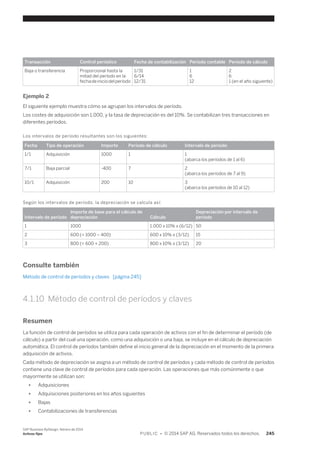 Transacción Control periódico Fecha de contabilización Período contable Período de cálculo 
Baja o transferencia Proporcional hasta la 
mitad del período en la 
fecha de inicio del período 
1/31 
6/14 
12/31 
1 
6 
12 
2 
6 
1 (en el año siguiente) 
Ejemplo 2 
El siguiente ejemplo muestra cómo se agrupan los intervalos de período. 
Los costes de adquisición son 1.000, y la tasa de depreciación es del 10%. Se contabilizan tres transacciones en 
diferentes períodos. 
Los intervalos de período resultantes son los siguientes: 
Fecha Tipo de operación Importe Período de cálculo Intervalo de período 
1/1 Adquisición 1000 1 1 
(abarca los períodos de 1 al 6) 
7/1 Baja parcial -400 7 2 
(abarca los períodos de 7 al 9) 
10/1 Adquisición 200 10 3 
(abarca los períodos de 10 al 12) 
Según los intervalos de período, la depreciación se calcula así: 
Intervalo de período 
Importe de base para el cálculo de 
depreciación Cálculo 
Depreciación por intervalo de 
período 
1 1000 1.000 x 10% x (6/12) 50 
2 600 (= 1000 – 400) 600 x 10% x (3/12) 15 
3 800 (= 600 + 200) 800 x 10% x (3/12) 20 
Consulte también 
Método de control de períodos y claves [página 245] 
4.1.10 Método de control de períodos y claves 
Resumen 
La función de control de períodos se utiliza para cada operación de activos con el fin de determinar el período (de 
cálculo) a partir del cual una operación, como una adquisición o una baja, se incluye en el cálculo de depreciación 
automática. El control de períodos también define el inicio general de la depreciación en el momento de la primera 
adquisición de activos. 
Cada método de depreciación se asigna a un método de control de períodos y cada método de control de períodos 
contiene una clave de control de períodos para cada operación. Las operaciones que más comúnmente o que 
mayormente se utilizan son: 
● Adquisiciones 
● Adquisiciones posteriores en los años siguientes 
● Bajas 
● Contabilizaciones de transferencias 
SAP Business ByDesign, febrero de 2014 
Activos fijos P U B L I C • © 2014 SAP AG. Reservados todos los derechos. 245 
 