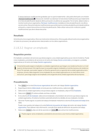Si desea deshacer modificaciones grabadas que no quería implementar, sólo podrá efectuarlo con el botón 
Rechazar modificaciones . Esta acción, también va a deshacer el resto de las modificaciones que implementó 
en el área de planificación desde la última activación o la última vez que grabó. Por lo tanto, deberá volver a 
montar la estructura organizativa. Rechazar modificaciones restablece el área de planificación a la última 
versión activa. Descarta todas las modificaciones que se efectuaron en el área de planificación desde la última 
activación y copia el área activa en el área de planificación. Debe utilizar esta acción si efectuó y grabó 
modificaciones que ahora desea descartar. 
Resultado 
Activó la estructura organizativa. Ahora se mostrará en el área activa. Ahora puede utilizar la estructura organizativa 
en todos los procesos y las aplicaciones relacionados con los datos organizativos. 
2.1.8.3.2 Asignar un empleado 
Requisitos previos 
El empleado o prestatario de servicios que desea asignar a una unidad organizativa ya se creó en el sistema. Puede 
crear empleados y prestatarios de servicios en el centro de trabajo Socios comerciales y se asignan a unidades 
organizativas en el centro de trabajo Gestión organizativa. 
Únicamente puede asignar empleados a unidades organizativas que tengan una residencia fiscal en un nivel 
superior de la jerarquía. Esto significa que no se pueden asignar empleados a nivel de empresa y de residencia 
fiscal. Por ejemplo, para poder asignar un Director general como un gerente de la unidad organizativa de la 
empresa, primero debe asignarlo como empleado de una unidad organizativa en un nivel inferior de la 
estructura, para luego asignar ese empleado como el gerente de la unidad organizativa de la empresa. 
Procedimiento 
1. Elija Editar en la vista Estructuras organizativas del centro de trabajo Gestión organizativa. 
2. Especifique la fecha Válido desde correcta para las modificaciones y seleccione Ir . 
3. Seleccione la unidad organizativa a la que desea asignar un empleado y elija la ficha Empleados. 
4. Seleccione Añadir . El sistema añade una línea a la tabla. 
5. En la columna ID de empleado, seleccione el empleado o el prestatario de servicios que desea asignar a la 
unidad organizativa. El sistema transfiere automáticamente los detalles de ese empleado a la tabla. 
6. Opcional: Puede asignar un puesto de trabajo al empleado mediante la columna ID de puesto de trabajo de la 
tabla. 
Puede crear puestos de trabajo en la vista Definición de puestos de trabajo del centro de trabajo Gestión 
organizativa. Para obtener más información, consulte Guía rápida de definición de puestos de trabajo. 
7. Seleccione Grabar y elija una de las opciones en Activar para activar las modificaciones. 
Puede asignar varios empleados o prestatarios de servicios a una misma unidad organizativa. 
26 © 2014 SAP AG. Reservados todos los derechos. • P U B L I C 
SAP Business ByDesign, febrero de 2014 
Conceptos básicos 
 