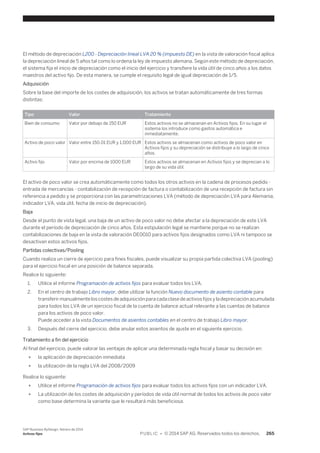 El método de depreciación L200 - Depreciación lineal LVA 20 % (impuesto DE) en la vista de valoración fiscal aplica 
la depreciación lineal de 5 años tal como lo ordena la ley de impuesto alemana. Según este método de depreciación, 
el sistema fija el inicio de depreciación como el inicio del ejercicio y transfiere la vida útil de cinco años a los datos 
maestros del activo fijo. De esta manera, se cumple el requisito legal de igual depreciación de 1/5. 
Adquisición 
Sobre la base del importe de los costes de adquisición, los activos se tratan automáticamente de tres formas 
distintas: 
Tipo Valor Tratamiento 
Bien de consumo Valor por debajo de 150 EUR Estos activos no se almacenan en Activos fijos. En su lugar el 
sistema los introduce como gastos automática e 
inmediatamente. 
Activo de poco valor Valor entre 150.01 EUR y 1,000 EUR Estos activos se almacenan como activos de poco valor en 
Activos fijos y su depreciación se distribuye a lo largo de cinco 
años. 
Activo fijo Valor por encima de 1000 EUR Estos activos se almacenan en Activos fijos y se deprecian a lo 
largo de su vida útil. 
El activo de poco valor se crea automáticamente como todos los otros activos en la cadena de procesos pedido - 
entrada de mercancías - contabilización de recepción de factura o contabilización de una recepción de factura sin 
referencia a pedido y se proporciona con las parametrizaciones LVA (método de depreciación LVA para Alemania, 
indicador LVA, vida útil, fecha de inicio de depreciación). 
Baja 
Desde el punto de vista legal, una baja de un activo de poco valor no debe afectar a la depreciación de este LVA 
durante el período de depreciación de cinco años. Esta estipulación legal se mantiene porque no se realizan 
contabilizaciones de baja en la vista de valoración DE0010 para activos fijos designados como LVA ni tampoco se 
desactivan estos activos fijos. 
Partidas colectivas/Pooling 
Cuando realiza un cierre de ejercicio para fines fiscales, puede visualizar su propia partida colectiva LVA (pooling) 
para el ejercicio fiscal en una posición de balance separada. 
Realice lo siguiente: 
1. Utilice el informe Programación de activos fijos para evaluar todos los LVA. 
2. En el centro de trabajo Libro mayor, debe utilizar la función Nuevo documento de asiento contable para 
transferir manualmente los costes de adquisición para cada clase de activos fijos y la depreciación acumulada 
para todos los LVA de un ejercicio fiscal de la cuenta de balance actual relevante a las cuentas de balance 
para los activos de poco valor. 
Puede acceder a la vista Documentos de asientos contables en el centro de trabajo Libro mayor. 
3. Después del cierre del ejercicio, debe anular estos asientos de ajuste en el siguiente ejercicio. 
Tratamiento a fin del ejercicio 
Al final del ejercicio, puede valorar las ventajas de aplicar una determinada regla fiscal y basar su decisión en: 
● la aplicación de depreciación inmediata 
● la utilización de la regla LVA del 2008/2009 
Realice lo siguiente: 
● Utilice el informe Programación de activos fijos para evaluar todos los activos fijos con un indicador LVA. 
● La utilización de los costes de adquisición y períodos de vida útil normal de todos los activos de poco valor 
como base determina la variante que le resultará más beneficiosa. 
SAP Business ByDesign, febrero de 2014 
Activos fijos P U B L I C • © 2014 SAP AG. Reservados todos los derechos. 265 
 