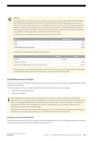 Ejemplo 
Una auditoría fiscal del 20 de diciembre de 2001 constata que los costes de mantenimiento del edificio 
de 10.000 EUR contabilizados el 25 de abril de 2009, deberían haberse capitalizado como costes de 
producción. Estos costes de producción se capitalizan retroactivamente en 2011. El activo se deprecia 
mediante la depreciación lineal durante 10 años. El departamento de contabilidad desea introducir el 
documento el 5 de enero de 2012. El ejercicio fiscal 2011 y el último período de contabilización todavía 
están abiertos. Todos los períodos y años anteriores están cerrados. 
La depreciación acumulada se calcula como se indica a continuación: 
Año Depreciación 
2007 750 
2008 1,000 
Total (depreciación acumulada) 1,750 
El registro de contabilización debería ser el siguiente: 
Débito Crédito 
Edificios 10,000 
Ajustes en edificios 1,750 
Ingresos de capitalización retroactiva de activos fijos 8,250 
En este ejemplo, se indicaría la fecha de documento como 5 de enero de 2012, una fecha de contabilización 
en diciembre de 2011 y la fecha de capitalización inicial como 25 de abril de 2009. 
Contabilizaciones de bajas 
Elimina un activo fijo o un material individual de su patrimonio de activos fijos mediante una contabilización de ventas 
integrada o un desguace. 
Contabiliza bajas de activos o ingresos utilizando las siguientes contabilizaciones manuales: 
● Desguace de material individual 
● Desguace completo 
Una contabilización de baja implica una amortización en todos los sistemas contables (y las vistas de 
valoración) de los costes acumulados de adquisición, la depreciación acumulada de ejercicios anteriores y la 
depreciación proporcional del ejercicio fiscal actual, de un activo fijo o material individual. Se contabilizan 
como gastos cualquier valor contable neto restante o la diferencia entre los costes de adquisición y la 
depreciación total en el momento de la baja. 
La depreciación se calcula para el ejercicio fiscal actual en función de la fecha de contabilización del desguace 
del activo y al control de períodos definido en el método de depreciación seleccionado. 
Desguace de material individual 
Es posible eliminar de un activo fijo o subactivo un material individual que ya no se puede seguir utilizando. El material 
individual se da de baja al valor neto contable actual sin ingresos. 
SAP Business ByDesign, febrero de 2014 
Activos fijos P U B L I C • © 2014 SAP AG. Reservados todos los derechos. 271 
 