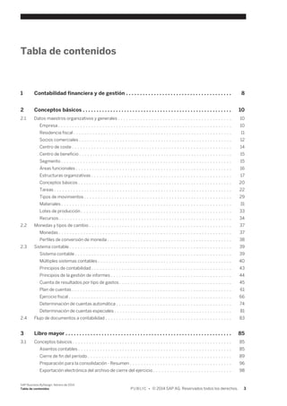 Tabla de contenidos 
1 Contabilidad financiera y de gestión . . . . . . . . . . . . . . . . . . . . . . . . . . . . . . . . . . . . . . 8 
2 Conceptos básicos . . . . . . . . . . . . . . . . . . . . . . . . . . . . . . . . . . . . . . . . . . . . . . . . . . . . . . 10 
2.1 Datos maestros organizativos y generales . . . . . . . . . . . . . . . . . . . . . . . . . . . . . . . . . . . . . . . . . 10 
Empresa . . . . . . . . . . . . . . . . . . . . . . . . . . . . . . . . . . . . . . . . . . . . . . . . . . . . . . . . . . . . . . . 10 
Residencia fiscal . . . . . . . . . . . . . . . . . . . . . . . . . . . . . . . . . . . . . . . . . . . . . . . . . . . . . . . . . . 11 
Socios comerciales . . . . . . . . . . . . . . . . . . . . . . . . . . . . . . . . . . . . . . . . . . . . . . . . . . . . . . . . 12 
Centro de coste . . . . . . . . . . . . . . . . . . . . . . . . . . . . . . . . . . . . . . . . . . . . . . . . . . . . . . . . . . 14 
Centro de beneficio . . . . . . . . . . . . . . . . . . . . . . . . . . . . . . . . . . . . . . . . . . . . . . . . . . . . . . . . 15 
Segmento . . . . . . . . . . . . . . . . . . . . . . . . . . . . . . . . . . . . . . . . . . . . . . . . . . . . . . . . . . . . . . 15 
Áreas funcionales . . . . . . . . . . . . . . . . . . . . . . . . . . . . . . . . . . . . . . . . . . . . . . . . . . . . . . . . . 16 
Estructuras organizativas . . . . . . . . . . . . . . . . . . . . . . . . . . . . . . . . . . . . . . . . . . . . . . . . . . . 17 
Conceptos básicos . . . . . . . . . . . . . . . . . . . . . . . . . . . . . . . . . . . . . . . . . . . . . . . . . . . . . . . . 20 
Tareas . . . . . . . . . . . . . . . . . . . . . . . . . . . . . . . . . . . . . . . . . . . . . . . . . . . . . . . . . . . . . . . . . 22 
Tipos de movimientos . . . . . . . . . . . . . . . . . . . . . . . . . . . . . . . . . . . . . . . . . . . . . . . . . . . . . . 29 
Materiales . . . . . . . . . . . . . . . . . . . . . . . . . . . . . . . . . . . . . . . . . . . . . . . . . . . . . . . . . . . . . . 31 
Lotes de producción . . . . . . . . . . . . . . . . . . . . . . . . . . . . . . . . . . . . . . . . . . . . . . . . . . . . . . . 33 
Recursos . . . . . . . . . . . . . . . . . . . . . . . . . . . . . . . . . . . . . . . . . . . . . . . . . . . . . . . . . . . . . . . 34 
2.2 Monedas y tipos de cambio . . . . . . . . . . . . . . . . . . . . . . . . . . . . . . . . . . . . . . . . . . . . . . . . . . . . 37 
Monedas . . . . . . . . . . . . . . . . . . . . . . . . . . . . . . . . . . . . . . . . . . . . . . . . . . . . . . . . . . . . . . . 37 
Perfiles de conversión de moneda . . . . . . . . . . . . . . . . . . . . . . . . . . . . . . . . . . . . . . . . . . . . . 38 
2.3 Sistema contable . . . . . . . . . . . . . . . . . . . . . . . . . . . . . . . . . . . . . . . . . . . . . . . . . . . . . . . . . . . 39 
Sistema contable . . . . . . . . . . . . . . . . . . . . . . . . . . . . . . . . . . . . . . . . . . . . . . . . . . . . . . . . . 39 
Múltiples sistemas contables . . . . . . . . . . . . . . . . . . . . . . . . . . . . . . . . . . . . . . . . . . . . . . . . . 40 
Principios de contabilidad . . . . . . . . . . . . . . . . . . . . . . . . . . . . . . . . . . . . . . . . . . . . . . . . . . . 43 
Principios de la gestión de informes . . . . . . . . . . . . . . . . . . . . . . . . . . . . . . . . . . . . . . . . . . . . 44 
Cuenta de resultados por tipo de gastos . . . . . . . . . . . . . . . . . . . . . . . . . . . . . . . . . . . . . . . . . 45 
Plan de cuentas . . . . . . . . . . . . . . . . . . . . . . . . . . . . . . . . . . . . . . . . . . . . . . . . . . . . . . . . . . 61 
Ejercicio fiscal . . . . . . . . . . . . . . . . . . . . . . . . . . . . . . . . . . . . . . . . . . . . . . . . . . . . . . . . . . . 66 
Determinación de cuentas automática . . . . . . . . . . . . . . . . . . . . . . . . . . . . . . . . . . . . . . . . . . 74 
Determinación de cuentas especiales . . . . . . . . . . . . . . . . . . . . . . . . . . . . . . . . . . . . . . . . . . . 81 
2.4 Flujo de documentos a contabilidad . . . . . . . . . . . . . . . . . . . . . . . . . . . . . . . . . . . . . . . . . . . . . . 83 
3 Libro mayor . . . . . . . . . . . . . . . . . . . . . . . . . . . . . . . . . . . . . . . . . . . . . . . . . . . . . . . . . . . . 85 
3.1 Conceptos básicos . . . . . . . . . . . . . . . . . . . . . . . . . . . . . . . . . . . . . . . . . . . . . . . . . . . . . . . . . . 85 
Asientos contables . . . . . . . . . . . . . . . . . . . . . . . . . . . . . . . . . . . . . . . . . . . . . . . . . . . . . . . . 85 
Cierre de fin del período . . . . . . . . . . . . . . . . . . . . . . . . . . . . . . . . . . . . . . . . . . . . . . . . . . . . 89 
Preparación para la consolidación - Resumen . . . . . . . . . . . . . . . . . . . . . . . . . . . . . . . . . . . . . 96 
Exportación electrónica del archivo de cierre del ejercicio . . . . . . . . . . . . . . . . . . . . . . . . . . . . 98 
SAP Business ByDesign, febrero de 2014 
Tabla de contenidos P U B L I C • © 2014 SAP AG. Reservados todos los derechos. 3 
 