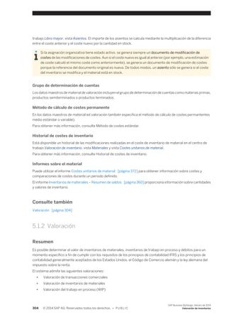 trabajo Libro mayor, vista Asientos. El importe de los asientos se calcula mediante la multiplicación de la diferencia 
entre el coste anterior y el coste nuevo por la cantidad en stock. 
Si la asignación organizativa tiene estado activo, se genera siempre un documento de modificación de 
costes de las modificaciones de costes. Aun si el coste nuevo es igual al anterior (por ejemplo, una estimación 
de coste calculó el mismo coste como anteriormente), se genera un documento de modificación de costes 
porque la referencia del documento original es nueva. De todos modos, un asiento sólo se genera si el coste 
del inventario se modifica y el material está en stock. 
Grupo de determinación de cuentas 
Los datos maestros de material de valoración incluyen el grupo de determinación de cuentas como materias primas, 
productos semiterminados o productos terminados. 
Método de cálculo de costes permanente 
En los datos maestros de material ed valoración también especifica el método de cálculo de costes permantentes 
medio estándar o variable). 
Para obtener más información, consulte Método de costes estándar. 
Historial de costes de inventario 
Está disponible un historial de las modificaciones realizadas en el coste de inventario de material en el centro de 
trabajo Valoración de inventario, vista Materiales y vista Costes unitarios de material. 
Para obtener más información, consulte Historial de costes de inventario. 
Informes sobre el material 
Puede utilizar el informe Costes unitarios de material [página 372] para obtener información sobre costes y 
comparaciones de costes durante un periodo definido. 
El informe Inventarios de materiales – Resumen de saldos [página 360] proporciona información sobre cantidades 
y valores de inventario. 
Consulte también 
Valoración [página 304] 
5.1.2 Valoración 
Resumen 
Es posible determinar el valor de inventarios de materiales, inventarios de trabajo en proceso y débitos para un 
momento específico a fin de cumplir con los requisitos de los principios de contabilidad IFRS y los principios de 
contabilidad generalmente aceptados de los Estados Unidos, el Código de Comercio alemán y la ley alemana del 
impuesto sobre la renta. 
El sistema admite las siguientes valoraciones: 
● Valoración de transacciones comerciales 
● Valoración de inventarios de materiales 
● Valoración del trabajo en proceso (WIP) 
304 © 2014 SAP AG. Reservados todos los derechos. • P U B L I C 
SAP Business ByDesign, febrero de 2014 
Valoración de inventarios 
 