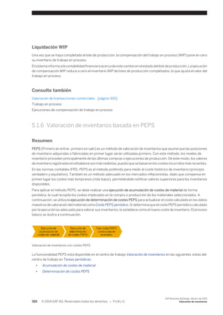 Liquidación WIP 
Una vez que se haya completado el lote de producción, la compensación del trabajo en proceso (WIP) pone en cero 
su inventario de trabajo en proceso. 
El sistema informa a la contabilidad financiera acerca de este cambio en el estado del lote de producción. La ejecución 
de compensación WIP reduce a cero el inventario WIP de lotes de producción completados, lo que ajusta el valor del 
trabajo en proceso. 
Consulte también 
Valoración de transacciones comerciales [página 305] 
Trabajo en proceso 
Ejecuciones de compensación de trabajo en proceso 
5.1.6 Valoración de inventarios basada en PEPS 
Resumen 
PEPS (Primero en entrar, primero en salir) es un método de valoración de inventarios que asume que las posiciones 
de inventario adquiridas o fabricadas en primer lugar serán utilizadas primero. Con este método, los niveles de 
inventario proceden principalmente de las últimas compras o ejecuciones de producción. De este modo, los valores 
de inventario registrados en el balance son más realistas, puesto que se basan en los costes incurridos más recientes. 
En las normas contables IFRS, PEPS es el método preferido para medir el coste histórico de inventario (principio 
verdadero y equitativo). También es un método adecuado en los mercados inflacionistas, dado que compensa en 
primer lugar los costes más tempranos (más bajos), permitiéndole notificar valores superiores para los inventarios 
disponibles. 
Para aplicar el método PEPS, se debe realizar una ejecución de acumulación de costes de material de forma 
periódica, la cual recopila los costes implicados en la compra o producción de los materiales seleccionados. A 
continuación, se utiliza la ejecución de determinación de costes PEPS para actualizar el coste calculado en los datos 
maestros de valoración del material como Coste PEPS periódico. Si determina que el coste PEPS periódico calculado 
por la ejecución es adecuado para valorar sus inventarios, lo establece como el nuevo coste de inventario. El proceso 
básico se ilustra a continuación. 
Valoración de inventarios con costes PEPS 
La funcionalidad PEPS está disponible en el centro de trabajo Valoración de inventarios en las siguientes vistas del 
centro de trabajo en Tareas periódicas: 
● Acumulación de costes de material 
● Determinación de costes PEPS 
310 © 2014 SAP AG. Reservados todos los derechos. • P U B L I C 
SAP Business ByDesign, febrero de 2014 
Valoración de inventarios 
 