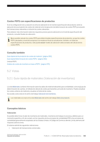 Costes PEPS con especificaciones de productos 
Si en la configuración de su solución se activa la valoración en el nivel de especificación del producto, tanto la 
ejecución de acumulación de costes de material como la ejecución de determinación de costes PEPS procesarán 
las transacciones relevantes e incluirán los costes relevantes. 
Para obtener más información sobre los requisitos previos para la valoración en el nivel de especificación del 
producto, consulte Niveles de valoración. 
No es posible calcular los costes PEPS para determinadas especificaciones de productos, ya que los costes 
PEPS calculados a nivel de la empresa o la residencia fiscal se actualizarían, también, en todas las 
especificaciones de productos. Solo puede excluir niveles de valoración seleccionados del cálculo de los 
costes PEPS. 
Consulte también 
Guía rápida de Acumulación de costes de material [página 350] 
Guía rápida Determinación de costes PEPS [página 354] 
Umbral PEPS 
Análisis de costes de inventario en base a PEPS [página 375] 
5.2 Vistas 
5.2.1 Guía rápida de materiales (Valoración de inventarios) 
La vista Materiales contiene información sobre los datos de material relevantes para contabilidad, como el grupo de 
determinación de cuentas, el método de cálculo de costes permanentes y el coste de inventario. Puede actualizar 
los costes unitarios de material y visualizar el historial de costes. 
Se accede a esta vista en el centro de trabajo Valoración de inventarios. 
Los materiales se crean en la vista Materiales del centro de trabajo Datos de producto. 
Conceptos básicos 
Valoración 
Es posible determinar el valor de inventarios de materiales, inventarios de trabajo en proceso y débitos para un 
momento específico a fin de cumplir con los requisitos de los principios de contabilidad IFRS y los principios de 
contabilidad generalmente aceptados de los Estados Unidos, el Código de Comercio alemán y la ley alemana del 
impuesto sobre la renta. 
El sistema admite las siguientes valoraciones: 
● Valoración de transacciones comerciales 
SAP Business ByDesign, febrero de 2014 
Valoración de inventarios P U B L I C • © 2014 SAP AG. Reservados todos los derechos. 313 
 