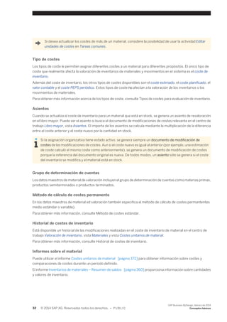 Si desea actualizar los costes de más de un material, considere la posibilidad de usar la actividad Editar 
unidades de costes en Tareas comunes. 
Tipo de costes 
Los tipos de coste le permiten asignar diferentes costes a un material para diferentes propósitos. El único tipo de 
coste que realmente afecta la valoración de inventarios de materiales y movimientos en el sistema es el coste de 
inventario. 
Además del coste de inventario, los otros tipos de costes disponibles son el coste estimado, el coste planificado, el 
valor contable y el coste PEPS periódico. Estos tipos de coste no afectan a la valoración de los inventarios o los 
movimientos de materiales. 
Para obtener más información acerca de los tipos de coste, consulte Tipos de costes para evaluación de inventario. 
Asientos 
Cuando se actualiza el coste de inventario para un material que está en stock, se genera un asiento de revaloración 
en el libro mayor. Puede ver el asiento si busca el documento de modificaciones de costes relevante en el centro de 
trabajo Libro mayor, vista Asientos. El importe de los asientos se calcula mediante la multiplicación de la diferencia 
entre el coste anterior y el coste nuevo por la cantidad en stock. 
Si la asignación organizativa tiene estado activo, se genera siempre un documento de modificación de 
costes de las modificaciones de costes. Aun si el coste nuevo es igual al anterior (por ejemplo, una estimación 
de coste calculó el mismo coste como anteriormente), se genera un documento de modificación de costes 
porque la referencia del documento original es nueva. De todos modos, un asiento sólo se genera si el coste 
del inventario se modifica y el material está en stock. 
Grupo de determinación de cuentas 
Los datos maestros de material de valoración incluyen el grupo de determinación de cuentas como materias primas, 
productos semiterminados o productos terminados. 
Método de cálculo de costes permanente 
En los datos maestros de material ed valoración también especifica el método de cálculo de costes permantentes 
medio estándar o variable). 
Para obtener más información, consulte Método de costes estándar. 
Historial de costes de inventario 
Está disponible un historial de las modificaciones realizadas en el coste de inventario de material en el centro de 
trabajo Valoración de inventario, vista Materiales y vista Costes unitarios de material. 
Para obtener más información, consulte Historial de costes de inventario. 
Informes sobre el material 
Puede utilizar el informe Costes unitarios de material [página 372] para obtener información sobre costes y 
comparaciones de costes durante un periodo definido. 
El informe Inventarios de materiales – Resumen de saldos [página 360] proporciona información sobre cantidades 
y valores de inventario. 
32 © 2014 SAP AG. Reservados todos los derechos. • P U B L I C 
SAP Business ByDesign, febrero de 2014 
Conceptos básicos 
 