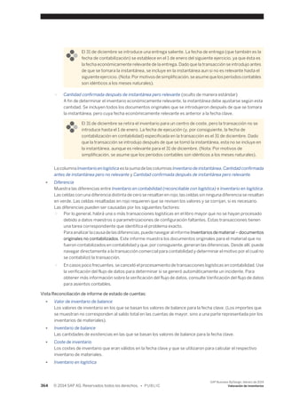 El 31 de diciembre se introduce una entrega saliente. La fecha de entrega (que también es la 
fecha de contabilización) se establece en el 1 de enero del siguiente ejercicio, ya que ésta es 
la fecha económicamente relevante de la entrega. Dado que la transacción se introdujo antes 
de que se tomara la instantánea, se incluye en la instantánea aun si no es relevante hasta el 
siguiente ejercicio. (Nota: Por motivos de simplificación, se asume que los períodos contables 
son idénticos a los meses naturales). 
○ Cantidad confirmada después de instantánea pero relevante (oculto de manera estándar) 
A fin de determinar el inventario económicamente relevante, la instantánea debe ajustarse según esta 
cantidad. Se incluyen todos los documentos originales que se introdujeron después de que se tomara 
la instantánea, pero cuya fecha económicamente relevante es anterior a la fecha clave. 
El 31 de diciembre se retira el inventario para un centro de coste, pero la transacción no se 
introduce hasta el 1 de enero. La fecha de ejecución (y, por consiguiente, la fecha de 
contabilización en contabilidad) especificada en la transacción es el 31 de diciembre. Dado 
que la transacción se introdujo después de que se tomó la instantánea, esta no se incluye en 
la instantánea, aunque es relevante para el 31 de diciembre. (Nota: Por motivos de 
simplificación, se asume que los períodos contables son idénticos a los meses naturales). 
La columna Inventario en logística es la suma de las columnas Inventario de instantánea, Cantidad confirmada 
antes de instantánea pero no relevante y Cantidad confirmada después de instantánea pero relevante. 
● Diferencia 
Muestra las diferencias entre Inventario en contabilidad (reconciliable con logística) e Inventario en logística. 
Las celdas con una diferencia distinta de cero se resaltan en rojo; las celdas sin ninguna diferencia se resaltan 
en verde. Las celdas resaltadas en rojo requieren que se revisen los valores y se corrijan, si es necesario. 
Las diferencias pueden ser causadas por los siguientes factores: 
○ Por lo general, habrá una o más transacciones logísticas en el libro mayor que no se hayan procesado 
debido a datos maestros o parametrizaciones de configuración faltantes. Estas transacciones tienen 
una tarea correspondiente que identifica el problema exacto. 
Para analizar la causa de las diferencias, puede navegar al informe Inventarios de material – documentos 
originales no contabilizados. Este informe muestra los documentos originales para el material que no 
fueron contabilizados en contabilidad y que, por consiguiente, generan las diferencias. Desde allí, puede 
navegar directamente a la transacción comercial para contabilidad y determinar el motivo por el cual no 
se contabilizó la transacción. 
○ En casos poco frecuentes, se canceló el procesamiento de transacciones logísticas en contabilidad. Use 
la verificación del flujo de datos para determinar si se generó automáticamente un incidente. Para 
obtener más información sobre la verificación del flujo de datos, consulte Verificación del flujo de datos 
para asientos contables. 
Vista Reconciliación de informe de estado de cuentas: 
● Valor de inventario de balance 
Los valores de inventario en los que se basan los valores de balance para la fecha clave. (Los importes que 
se muestran no corresponden al saldo total en las cuentas de mayor, sino a una parte representada por los 
inventarios de materiales). 
● Inventario de balance 
Las cantidades de existencias en las que se basan los valores de balance para la fecha clave. 
● Coste de inventario 
Los costes de inventario que eran válidos en la fecha clave y que se utilizaron para calcular el respectivo 
inventario de materiales. 
● Inventario en logística 
364 © 2014 SAP AG. Reservados todos los derechos. • P U B L I C 
SAP Business ByDesign, febrero de 2014 
Valoración de inventarios 
 