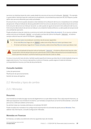 servicios con distintas tasas de coste, puede añadir los servicios al recurso en la etiqueta Servicios . Por ejemplo, 
si quiere definir distintas tasas de coste para la actualización y la actividad de producción de una máquina, puede 
definir dos servicios diferentes para estas actividades. 
El consumo de un servicio puede calcularse o bien bándose en la utilización del recurso o basándose en la cantidad 
de operación. Al fijar el método de cálculo puede definir la forma como se calcula el consumo del producto de servicio. 
Si el consumo del servicio se mide por duración, su valor puede ser igual a la duración de la utilización del recurso. 
Si el consumo del producto de servicio se mide por una unidad de medida arbitraria, su valor puede ser proporcional 
a la cantidad de operación. 
Puede actualizar la tasa de coste de un servicio en el centro de trabajo Datos de producto. Si un recurso contiene 
ambos servicios en la etiqueta Servicio y se actualiza una tasa de coste en la etiqueta Valoración , el sistema 
siempre utiliza la tasa de coste en la etiqueta Valoración . 
Al editor recurso nuevo se accede por una de las vías de acceso siguientes: 
● En la vista Recursos haga clic en Nuevo y seleccione el tipo Recurso nuevo que desea crear. 
● En la barra de tareas, haga clic en Tareas comunes y seleccione el tipo Recurso nuevo que desea crear. 
Una vez ha actualizado la tasa de coste en la etiqueta Valoración , el sistema utilizará esta tasa de coste. 
Puede definir el límite del período para el cual la tasa de coste es válida utilizando la función de delimitación. 
Esto le permite introducir una fecha hasta la que esta tasa de coste es válida. 
Si crea un recurso de mano de obra, también puede especificar la tarea que describe el rol del empleado al que se 
asigna este recurso. Si un recurso representa un activo en finanzas, puede asignar el material individual 
correspondiente al recurso con fines de documentación. 
Consulte también 
Listas de operaciones 
Planificación de aprovisionamiento 
Gestión de tareas de logística 
2.2 Monedas y tipos de cambio 
2.2.1 Monedas 
Resumen 
Una moneda es el medio de pago reconocido legalmente en un país determinado. Para cada importe financiero, se 
debe que especificar una moneda en el sistema. Las monedas se especifican con la forma ISO estándar, como EUR 
para euros o USD para dólares americanos. 
Se admiten todas las monedas definidas en el estándar ISO 4217. 
Puede visualizar las monedas en la configuración empresarial en la actividad de ajuste preciso Monedas. Para 
obtener más información, consulte Configuración: Monedas. 
Monedas en Finanzas 
En finanzas, se realiza una distinción entre los siguientes tipos de moneda: 
SAP Business ByDesign, febrero de 2014 
Conceptos básicos P U B L I C • © 2014 SAP AG. Reservados todos los derechos. 37 
 