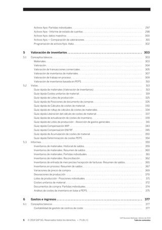 Activos fijos: Partidas individuales . . . . . . . . . . . . . . . . . . . . . . . . . . . . . . . . . . . . . . . . . . . . . 297 
Activos fijos - Informe de estado de cuentas . . . . . . . . . . . . . . . . . . . . . . . . . . . . . . . . . . . . . . 298 
Activos fijos: datos maestros . . . . . . . . . . . . . . . . . . . . . . . . . . . . . . . . . . . . . . . . . . . . . . . . . 300 
Activos fijos — Comparación de valoraciones . . . . . . . . . . . . . . . . . . . . . . . . . . . . . . . . . . . . . 301 
Programación de activos fijos: Italia . . . . . . . . . . . . . . . . . . . . . . . . . . . . . . . . . . . . . . . . . . . . 302 
5 Valoración de inventarios . . . . . . . . . . . . . . . . . . . . . . . . . . . . . . . . . . . . . . . . . . . . . . . . 303 
5.1 Conceptos básicos . . . . . . . . . . . . . . . . . . . . . . . . . . . . . . . . . . . . . . . . . . . . . . . . . . . . . . . . . . 303 
Materiales . . . . . . . . . . . . . . . . . . . . . . . . . . . . . . . . . . . . . . . . . . . . . . . . . . . . . . . . . . . . . . 303 
Valoración . . . . . . . . . . . . . . . . . . . . . . . . . . . . . . . . . . . . . . . . . . . . . . . . . . . . . . . . . . . . . . 304 
Valoración de transacciones comerciales . . . . . . . . . . . . . . . . . . . . . . . . . . . . . . . . . . . . . . . . 305 
Valoración de inventarios de materiales . . . . . . . . . . . . . . . . . . . . . . . . . . . . . . . . . . . . . . . . . 307 
Valoración de trabajo en proceso . . . . . . . . . . . . . . . . . . . . . . . . . . . . . . . . . . . . . . . . . . . . . . 309 
Valoración de inventarios basada en PEPS . . . . . . . . . . . . . . . . . . . . . . . . . . . . . . . . . . . . . . . 310 
5.2 Vistas . . . . . . . . . . . . . . . . . . . . . . . . . . . . . . . . . . . . . . . . . . . . . . . . . . . . . . . . . . . . . . . . . . . 313 
Guía rápida de materiales (Valoración de inventarios) . . . . . . . . . . . . . . . . . . . . . . . . . . . . . . . 313 
Guía rápida Costes unitarios de material . . . . . . . . . . . . . . . . . . . . . . . . . . . . . . . . . . . . . . . . . 319 
Guía rápida de Lotes de producción . . . . . . . . . . . . . . . . . . . . . . . . . . . . . . . . . . . . . . . . . . . . 325 
Guía rápida de Posiciones de documento de compras . . . . . . . . . . . . . . . . . . . . . . . . . . . . . . . 326 
Guía rápida de Cálculos de costes de material . . . . . . . . . . . . . . . . . . . . . . . . . . . . . . . . . . . . . 330 
Guía rápida de rollup de cálculos de costes de materiales . . . . . . . . . . . . . . . . . . . . . . . . . . . . . 334 
Guía rápida Liberación del cálculo de costes de material . . . . . . . . . . . . . . . . . . . . . . . . . . . . . 337 
Guía rápida de actualización de costes de inventario . . . . . . . . . . . . . . . . . . . . . . . . . . . . . . . . 339 
Guía rápida de Lotes de producción - Absorción de gastos generales . . . . . . . . . . . . . . . . . . . . 341 
Guía rápida Compensación WIP . . . . . . . . . . . . . . . . . . . . . . . . . . . . . . . . . . . . . . . . . . . . . . . 343 
Guía rápida Compensación EM/RF . . . . . . . . . . . . . . . . . . . . . . . . . . . . . . . . . . . . . . . . . . . . . 345 
Guía rápida de Acumulación de costes de material . . . . . . . . . . . . . . . . . . . . . . . . . . . . . . . . . 350 
Guía rápida Determinación de costes PEPS . . . . . . . . . . . . . . . . . . . . . . . . . . . . . . . . . . . . . . . 354 
5.3 Informes . . . . . . . . . . . . . . . . . . . . . . . . . . . . . . . . . . . . . . . . . . . . . . . . . . . . . . . . . . . . . . . . . 359 
Inventarios de materiales: Historial de saldos . . . . . . . . . . . . . . . . . . . . . . . . . . . . . . . . . . . . . 359 
Inventarios de materiales: Resumen de saldos . . . . . . . . . . . . . . . . . . . . . . . . . . . . . . . . . . . . 360 
Inventarios de materiales: Partidas individuales . . . . . . . . . . . . . . . . . . . . . . . . . . . . . . . . . . . . 361 
Inventarios de materiales: Reconciliación . . . . . . . . . . . . . . . . . . . . . . . . . . . . . . . . . . . . . . . . 362 
Inventarios de entrada de mercancías/recepción de facturas: Resumen de saldos . . . . . . . . . . . 365 
Inventarios en proceso: Resumen de saldos . . . . . . . . . . . . . . . . . . . . . . . . . . . . . . . . . . . . . . 367 
Variaciones de precio de compra . . . . . . . . . . . . . . . . . . . . . . . . . . . . . . . . . . . . . . . . . . . . . . 369 
Desviaciones de producción . . . . . . . . . . . . . . . . . . . . . . . . . . . . . . . . . . . . . . . . . . . . . . . . . 370 
Lotes de producción - Posiciones individuales . . . . . . . . . . . . . . . . . . . . . . . . . . . . . . . . . . . . 371 
Costes unitarios de material . . . . . . . . . . . . . . . . . . . . . . . . . . . . . . . . . . . . . . . . . . . . . . . . . 372 
Documentos de compra: Partidas individuales . . . . . . . . . . . . . . . . . . . . . . . . . . . . . . . . . . . . 374 
Análisis de costes de inventario en base a PEPS . . . . . . . . . . . . . . . . . . . . . . . . . . . . . . . . . . . 375 
6 Gastos e ingresos . . . . . . . . . . . . . . . . . . . . . . . . . . . . . . . . . . . . . . . . . . . . . . . . . . . . . . . 377 
6.1 Conceptos básicos . . . . . . . . . . . . . . . . . . . . . . . . . . . . . . . . . . . . . . . . . . . . . . . . . . . . . . . . . . 377 
Contabilidad de gestión de centros de coste . . . . . . . . . . . . . . . . . . . . . . . . . . . . . . . . . . . . . . 377 
6 © 2014 SAP AG. Reservados todos los derechos. • P U B L I C 
SAP Business ByDesign, febrero de 2014 
Tabla de contenidos 
 