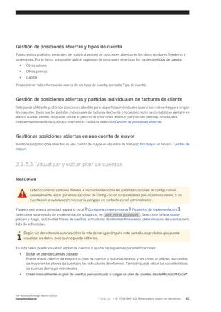 Gestión de posiciones abiertas y tipos de cuenta 
Para créditos y débitos generales, se realiza la gestión de posiciones abiertas en los libros auxiliares Deudores y 
Acreedores. Por lo tanto, solo puede aplicar la gestión de posiciones abiertas a los siguientes tipos de cuenta: 
● Otros activos 
● Otros pasivos 
● Capital 
Para obtener más información acerca de los tipos de cuenta, consulte Tipo de cuenta. 
Gestión de posiciones abiertas y partidas individuales de facturas de cliente 
Solo puede utilizar la gestión de posiciones abiertas para las partidas individuales que no son relevantes para ningún 
libro auxiliar. Dado que las partidas individuales de facturas de cliente o notas de crédito se contabilizan siempre en 
el libro auxiliar Ventas, no puede utilizar la gestión de posiciones abiertas para dichas partidas individuales, 
independientemente de que haya marcado la casilla de selección Gestión de posiciones abiertas. 
Gestionar posiciones abiertas en una cuenta de mayor 
Gestione las posiciones abiertas en una cuenta de mayor en el centro de trabajo Libro mayor en la vista Cuentas de 
mayor. 
2.3.5.3 Visualizar y editar plan de cuentas 
Resumen 
Este documento contiene detalles e instrucciones sobre las parametrizaciones de configuración. 
Generalmente, estas parametrizaciones de configuración son realizadas por un administrador. Si no 
cuenta con la autorización necesaria, póngase en contacto con el administrador. 
Para encontrar esta actividad, vaya a la vista Configuración empresarial Proyectos de implementación . 
Seleccione su proyecto de implementación y haga clic en Abrir lista de actividades . Seleccione la fase Ajuste 
preciso y, luego, la actividad Planes de cuentas, estructuras de informes financieros, determinación de cuentas de la 
lista de actividades. 
Según sus derechos de autorización o la ruta de navegación para esta pantalla, es probable que pueda 
visualizar los datos, pero que no pueda editarlos. 
En esta tarea, puede visualizar el plan de cuentas o ajustar las siguientes parametrizaciones: 
● Editar un plan de cuentas copiado 
Puede añadir cuentas de mayor a su plan de cuentas o quitarlas de este, y ver cómo se utilizan las cuentas 
de mayor en los planes de cuentas o las estructuras de informes. También puede editar las características 
de cuentas de mayor individuales. 
● Crear manualmente un plan de cuentas personalizado o cargar un plan de cuentas desde Microsoft Excel® 
SAP Business ByDesign, febrero de 2014 
Conceptos básicos P U B L I C • © 2014 SAP AG. Reservados todos los derechos. 63 
 