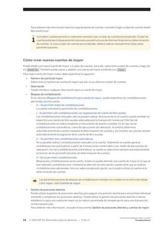 Para obtener más información sobre la carga de planes de cuentas, consulte Cargar un plan de cuentas desde 
Microsoft Excel®. 
Considere cuidadosamente si realmente necesita crear un plan de cuentas personalizado. El plan de 
cuentas estándar incluye parametrizaciones para estructuras de informes financieros y determinación 
de cuentas. Si crea un plan de cuentas personalizado, deberá realizar manualmente todas estas 
parametrizaciones. 
Cómo crear nuevas cuentas de mayor 
Puede añadir una nueva cuenta de mayor a su plan de cuentas; para ello, seleccione su plan de cuentas y haga clic 
en Añadir fila . También puede copiar y adaptar una cuenta de mayor existente con Copiar . 
Para cada cuenta de mayor nueva, debe especificar lo siguiente: 
● Número de cuenta de mayor 
Seleccione un número de cuenta de mayor que aún no se utilice en el plan de cuentas. 
● Descripción 
Puede introducir cualquier descripción para su cuenta de mayor. 
● Bloqueo de contabilización 
En la columna Bloqueo de contabilización para cuenta de mayor, puede especificar las contabilizaciones 
permitidas para la cuenta: 
○ 0 – Se permiten todas las contabilizaciones 
La cuenta está abierta para todas las contabilizaciones. 
○ 1 - Se permiten sólo contabilizaciones con asignaciones de cuenta de libro auxiliar 
Las contabilizaciones manuales sólo se pueden realizar directamente en la cuenta cuando también se 
especifica una cuenta de libro auxiliar adecuada para la transacción comercial. Este tipo de 
contabilizaciones se realiza mediante un documento de asiento contable. En el caso de las 
contabilizaciones automáticas, como las ejecuciones de valoración, el sistema determina 
automáticamente las cuentas mediante la determinación de cuentas y, por lo tanto, las cuentas reciben 
automáticamente la asignación de la cuenta de libro auxiliar. 
○ 2 – Se permiten solo contabilizaciones automáticas 
No es posible realizar contabilizaciones manuales en la cuenta. Solamente se pueden generar 
contabilizaciones automáticas a partir de transacciones comerciales o por medio de ejecuciones de 
valoración. Con las contabilizaciones automáticas, la cuenta se selecciona siempre automáticamente 
en función de las parametrizaciones de determinación de cuentas. 
○ 3 – No se permiten contabilizaciones 
Bloquea las contabilizaciones en la cuenta. Si bien no puede eliminar una cuenta de mayor en la que se 
han realizado contabilizaciones, mediante la selección de esta opción, puede evitar que se realicen 
contabilizaciones adicionales. Una vez seleccionada esta opción, ya no podrá utilizar la cuenta en la 
determinación de cuentas. 
Las parametrizaciones de bloqueo de contabilización también son visibles en el centro de trabajo 
Libro mayor, vista Cuentas de mayor. 
● Gestión de posiciones abiertas 
Puede utilizar la gestión de posiciones abiertas para asignar una posición abierta para una partida individual 
existente y compensar las posiciones abiertas. Puede utilizar la gestión de posiciones abiertas si desea 
establecer si para una cuenta de mayor ya se realizó una entrada de compensación para una transacción 
comercial particular. 
Para obtener más información, consulte el documento Gestión de posiciones abiertas y cuentas de mayor. 
64 © 2014 SAP AG. Reservados todos los derechos. • P U B L I C 
SAP Business ByDesign, febrero de 2014 
Conceptos básicos 
 