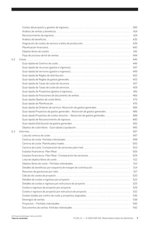 Costes del proyecto y gestión de ingresos . . . . . . . . . . . . . . . . . . . . . . . . . . . . . . . . . . . . . . . . 390 
Análisis de ventas y beneficios . . . . . . . . . . . . . . . . . . . . . . . . . . . . . . . . . . . . . . . . . . . . . . . . 414 
Reconocimiento de ingresos . . . . . . . . . . . . . . . . . . . . . . . . . . . . . . . . . . . . . . . . . . . . . . . . . 419 
Análisis de beneficios . . . . . . . . . . . . . . . . . . . . . . . . . . . . . . . . . . . . . . . . . . . . . . . . . . . . . . 435 
Asignación de costes de servicio a lotes de producción . . . . . . . . . . . . . . . . . . . . . . . . . . . . . . 439 
Planificación financiera . . . . . . . . . . . . . . . . . . . . . . . . . . . . . . . . . . . . . . . . . . . . . . . . . . . . . 440 
Objetos libres de costes . . . . . . . . . . . . . . . . . . . . . . . . . . . . . . . . . . . . . . . . . . . . . . . . . . . . 441 
Flujo de proceso de kit de ventas . . . . . . . . . . . . . . . . . . . . . . . . . . . . . . . . . . . . . . . . . . . . . . 444 
6.2 Vistas . . . . . . . . . . . . . . . . . . . . . . . . . . . . . . . . . . . . . . . . . . . . . . . . . . . . . . . . . . . . . . . . . . . 446 
Guía rápida de Centros de coste . . . . . . . . . . . . . . . . . . . . . . . . . . . . . . . . . . . . . . . . . . . . . . . 446 
Guía rápida de recursos (gastos e ingresos) . . . . . . . . . . . . . . . . . . . . . . . . . . . . . . . . . . . . . . 447 
Guía rápida de servicios (gastos e ingresos) . . . . . . . . . . . . . . . . . . . . . . . . . . . . . . . . . . . . . . 449 
Guía rápida de Reglas de distribución . . . . . . . . . . . . . . . . . . . . . . . . . . . . . . . . . . . . . . . . . . . 452 
Guía rápida de Reglas de gastos generales . . . . . . . . . . . . . . . . . . . . . . . . . . . . . . . . . . . . . . . 453 
Guía rápida de Tasas de coste de recursos . . . . . . . . . . . . . . . . . . . . . . . . . . . . . . . . . . . . . . . 457 
Guía rápida de Tasas de coste de servicios . . . . . . . . . . . . . . . . . . . . . . . . . . . . . . . . . . . . . . . 459 
Guía rápida de Proyectos (gastos e ingresos) . . . . . . . . . . . . . . . . . . . . . . . . . . . . . . . . . . . . . 461 
Guía rápida de Posiciones de documento de ventas . . . . . . . . . . . . . . . . . . . . . . . . . . . . . . . . . 466 
Guía rápida Objetos de coste libres . . . . . . . . . . . . . . . . . . . . . . . . . . . . . . . . . . . . . . . . . . . . 473 
Guía rápida de Planificación . . . . . . . . . . . . . . . . . . . . . . . . . . . . . . . . . . . . . . . . . . . . . . . . . . 476 
Guía rápida de Órdenes de servicio: Absorción de gastos generales . . . . . . . . . . . . . . . . . . . . . 484 
Guía rápida Proyectos de gastos generales - Absorción de gastos generales . . . . . . . . . . . . . . . 486 
Guía rápida Proyectos de costes directos – Absorción de gastos generales . . . . . . . . . . . . . . . . 488 
Guía rápida de Reconocimiento de ingresos . . . . . . . . . . . . . . . . . . . . . . . . . . . . . . . . . . . . . . 490 
Guía rápida Distribución de gastos generales . . . . . . . . . . . . . . . . . . . . . . . . . . . . . . . . . . . . . 492 
Objetos de coste libres - Guía rápida Liquidación . . . . . . . . . . . . . . . . . . . . . . . . . . . . . . . . . . . 495 
6.3 Informes . . . . . . . . . . . . . . . . . . . . . . . . . . . . . . . . . . . . . . . . . . . . . . . . . . . . . . . . . . . . . . . . . 497 
Lista de centros de coste . . . . . . . . . . . . . . . . . . . . . . . . . . . . . . . . . . . . . . . . . . . . . . . . . . . . 497 
Centros de coste: Partidas individuales . . . . . . . . . . . . . . . . . . . . . . . . . . . . . . . . . . . . . . . . . . 498 
Centros de coste: Planificados/reales . . . . . . . . . . . . . . . . . . . . . . . . . . . . . . . . . . . . . . . . . . 500 
Centros de coste: Comparación de versiones plan/real . . . . . . . . . . . . . . . . . . . . . . . . . . . . . . 503 
Estados financieros: Plan/Real . . . . . . . . . . . . . . . . . . . . . . . . . . . . . . . . . . . . . . . . . . . . . . . 506 
Estados financieros: Plan/Real - Comparación de versiones . . . . . . . . . . . . . . . . . . . . . . . . . . . 509 
Lista de objetos libres de coste . . . . . . . . . . . . . . . . . . . . . . . . . . . . . . . . . . . . . . . . . . . . . . . 512 
Objetos libres de coste - Partidas individuales . . . . . . . . . . . . . . . . . . . . . . . . . . . . . . . . . . . . . 513 
Detalles de beneficios por esquema de margen de contribución . . . . . . . . . . . . . . . . . . . . . . . . 514 
Resumen de ganancias por ratio . . . . . . . . . . . . . . . . . . . . . . . . . . . . . . . . . . . . . . . . . . . . . . 517 
Cálculo de costes de proyecto . . . . . . . . . . . . . . . . . . . . . . . . . . . . . . . . . . . . . . . . . . . . . . . . 520 
Detalles de costes e ingresos por proyecto . . . . . . . . . . . . . . . . . . . . . . . . . . . . . . . . . . . . . . . 522 
Detalles de costes e ingresos por estructura de proyecto . . . . . . . . . . . . . . . . . . . . . . . . . . . . . 525 
Costes e ingresos de proyecto por proyecto . . . . . . . . . . . . . . . . . . . . . . . . . . . . . . . . . . . . . . 529 
Costes e ingresos de proyecto por estructura de proyecto . . . . . . . . . . . . . . . . . . . . . . . . . . . . 532 
Costes totales por centro de coste y proyectos asignados . . . . . . . . . . . . . . . . . . . . . . . . . . . . 536 
Devengos de ventas . . . . . . . . . . . . . . . . . . . . . . . . . . . . . . . . . . . . . . . . . . . . . . . . . . . . . . . 538 
Proyectos – Partidas individuales . . . . . . . . . . . . . . . . . . . . . . . . . . . . . . . . . . . . . . . . . . . . . . 540 
Documentos de ventas: Partidas individuales . . . . . . . . . . . . . . . . . . . . . . . . . . . . . . . . . . . . . 542 
SAP Business ByDesign, febrero de 2014 
Tabla de contenidos P U B L I C • © 2014 SAP AG. Reservados todos los derechos. 7 
 