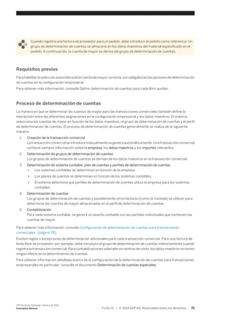 Cuando registra una factura de proveedor para un pedido, debe introducir el pedido como referencia. Un 
grupo de determinación de cuentas se almacena en los datos maestros del material especificado en el 
pedido. A continuación, la cuenta de mayor se deriva del grupo de determinación de cuentas. 
Requisitos previos 
Para habilitar la selección automática de la cuenta de mayor correcta, son obligatorias las opciones de determinación 
de cuentas en la configuración empresarial. 
Para obtener más información, consulte Definir determinación de cuentas para cada libro auxiliar. 
Proceso de determinación de cuentas 
La manera en que se determinan las cuentas de mayor para las transacciones comerciales también define la 
interacción entre las diferentes asignaciones en la configuración empresarial y los datos maestros. El sistema 
selecciona las cuentas de mayor en función de los datos maestros, el grupo de determinación de cuentas y el perfil 
de determinación de cuentas. El proceso de determinación de cuentas generalmente se realiza de la siguiente 
manera: 
1. Creación de la transacción comercial 
La transacción comercial se introduce manualmente se genera automáticamente. Una transacción comercial 
contiene siempre información sobre la empresa, los datos maestros y los importes relevantes. 
2. Determinación de grupos de determinación de cuentas 
Los grupos de determinación de cuentas se derivan de los datos maestros en la transacción comercial. 
3. Determinación de sistema contable, plan de cuentas y perfiles de determinación de cuentas 
● Los sistemas contables se determinan en función de la empresa. 
● Los planes de cuentas se determinan en función de los sistemas contables. 
● El sistema determina qué perfiles de determinación de cuentas utiliza la empresa para los sistemas 
contables. 
4. Determinación de cuentas 
Los grupos de determinación de cuentas y posiblemente otros factores (como la moneda) se utilizan para 
determinar las cuentas de mayor almacenadas en el perfil de determinación de cuentas. 
5. Contabilización 
Para cada sistema contable, se genera un asiento contable con las partidas individuales que contienen las 
cuentas de mayor. 
Para obtener más información, consulte Configuración de determinación de cuentas para transacciones 
comerciales [página 78]. 
Existen reglas o excepciones de determinación adicionales para cada transacción comercial. Para una factura de 
texto libre de proveedor, por ejemplo, debe introducir el grupo de determinación de cuentas indirectamente cuando 
registra la transacción comercial. Para contabilizaciones salariales en centros de coste, los datos maestros no tienen 
ningún efecto en la determinación de cuentas. 
Para obtener información detallada acerca de la configuración de la determinación de cuentas para transacciones 
empresariales en particular, consulte el documento Determinación de cuentas especiales. 
SAP Business ByDesign, febrero de 2014 
Conceptos básicos P U B L I C • © 2014 SAP AG. Reservados todos los derechos. 75 
 