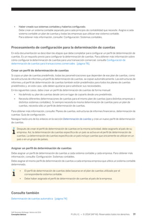 ● Haber creado sus sistemas contables y haberlos configurado. 
Debe crear un sistema contable separado para cada principio de contabilidad que necesite. Asigna a cada 
sistema contable un plan de cuentas y todas las empresas que utilizan ese sistema contable. 
Para obtener más información, consulte: Configuración: Sistemas contables. 
Procesamiento de configuración para la determinación de cuentas 
En esta documentación se describen las etapas que debe completar para configurar un perfil de determinación de 
cuentas. Es un requisito previo para configurar la determinación de cuentas. Para obtener más información sobre 
cómo configurar la determinación de cuentas para una transacción comercial, consulte Configuración de 
determinación de cuentas para transacciones comerciales [página 78]. 
Crear un perfil de determinación de cuentas 
Si copia un plan de cuentas predefinido, todas las parametrizaciones que dependen de ese plan de cuentas, como 
las estructuras de informes y el perfil de determinación de cuentas, se copian automáticamente. Las estructuras de 
informes y el perfil de determinación de cuentas también están predefinidos para todos los planes de cuentas 
predefinidos y, en este caso, sólo deben ajustarse para satisfacer sus necesidades. 
En los siguientes casos, debe crear un perfil de determinación de cuentas de forma manual: 
● Ha definido su plan de cuentas desde cero en lugar de copiarlo desde uno predefinido. 
● Necesita diferentes determinaciones de cuentas para el mismo plan de cuentas (para distintas empresas o 
distintos sistemas contables). Si siempre necesita la misma determinación de cuentas para un plan de 
cuentas, necesita sólo un perfil de determinación de cuentas. 
Para obtener más información, consulte: Planes de cuentas, estructuras de informes financieros, determinación de 
cuentas: Guía de configuración. 
Navegue hasta uno de los enlaces en la sección Determinación de cuentas y cree un nuevo perfil de determinación 
de cuentas. 
Después de crear el perfil de determinación de cuentas en la misma actividad, debe asignarlo al país de su 
empresa. Así, la determinación de cuentas específica de un país se activa en el perfil de determinación de 
cuentas. La determinación de cuentas específica de un país incluye cuentas que únicamente se utilizan en un 
país o en un grupo de países. 
Asignar un perfil de determinación de cuentas 
Debe asignar un perfil de determinación de cuentas a cada sistema contable y cada empresa. Para obtener más 
información, consulte: Configuración: Sistemas contables. 
Debe asignar el mismo perfil de determinación de cuentas a cada empresa empresa que utilice un sistema contable 
determinado. 
● El perfil de determinación de cuentas debe basarse en el plan de cuentas utilizado por el 
correspondiente sistema contable. 
● Debe haber asignado el perfil de determinación de cuentas al país de la empresa. 
Consulte también 
Determinación de cuentas automática [página 74] 
SAP Business ByDesign, febrero de 2014 
Conceptos básicos P U B L I C • © 2014 SAP AG. Reservados todos los derechos. 77 
 