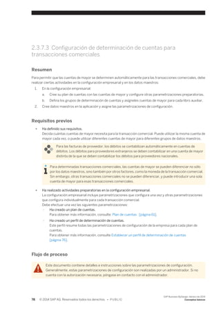 2.3.7.3 Configuración de determinación de cuentas para 
transacciones comerciales 
Resumen 
Para permitir que las cuentas de mayor se determinen automáticamente para las transacciones comerciales, debe 
realizar ciertas actividades en la configuración empresarial y en los datos maestros: 
1. En la configuración empresarial: 
a. Cree su plan de cuentas con las cuentas de mayor y configure otras parametrizaciones preparatorias. 
b. Defina los grupos de determinación de cuentas y asígneles cuentas de mayor para cada libro auxiliar. 
2. Cree datos maestros en la aplicación y asigne las parametrizaciones de configuración. 
Requisitos previos 
● Ha definido sus requisitos. 
Decida cuántas cuentas de mayor necesita para la transacción comercial. Puede utilizar la misma cuenta de 
mayor cada vez, o puede utilizar diferentes cuentas de mayor para diferentes grupos de datos maestros. 
Para las facturas de proveedor, los débitos se contabilizan automáticamente en cuentas de 
débitos. Los débitos para proveedores extranjeros se deben contabilizar en una cuenta de mayor 
distinta de la que se deben contabilizar los débitos para proveedores nacionales. 
Para determinadas transacciones comerciales, las cuentas de mayor se pueden diferenciar no sólo 
por los datos maestros, sino también por otros factores, como la moneda de la transacción comercial. 
Sin embargo, otras transacciones comerciales no se pueden diferenciar, y puede introducir una sola 
cuenta de mayor para esas transacciones comerciales. 
● Ha realizado actividades preparatorias en la configuración empresarial. 
La configuración empresarial incluye parametrizaciones que configura una vez y otras parametrizaciones 
que configura individualmente para cada transacción comercial. 
Debe efectuar una vez las siguientes parametrizaciones: 
○ Ha creado un plan de cuentas. 
Para obtener más información, consulte: Plan de cuentas [página 61]. 
○ Ha creado un perfil de determinación de cuentas. 
Este perfil resume todas las parametrizaciones de configuración de la empresa para cada plan de 
cuentas. 
Para obtener más información, consulte Establecer un perfil de determinación de cuentas 
[página 76]. 
Flujo de proceso 
Este documento contiene detalles e instrucciones sobre las parametrizaciones de configuración. 
Generalmente, estas parametrizaciones de configuración son realizadas por un administrador. Si no 
cuenta con la autorización necesaria, póngase en contacto con el administrador. 
78 © 2014 SAP AG. Reservados todos los derechos. • P U B L I C 
SAP Business ByDesign, febrero de 2014 
Conceptos básicos 
 