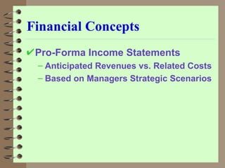 Financial Concepts Pro-Forma Income Statements Anticipated Revenues vs. Related Costs Based on Managers Strategic Scenarios 