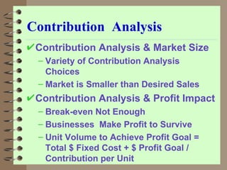 Contribution  Analysis Contribution Analysis & Market Size Variety of Contribution Analysis Choices Market is Smaller than Desired Sales Contribution Analysis & Profit Impact Break-even Not Enough Businesses  Make Profit to Survive Unit Volume to Achieve Profit Goal = Total $ Fixed Cost + $ Profit Goal / Contribution per Unit 