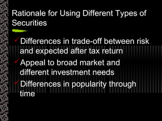 Rationale for Using Different Types of
Securities
Differences in trade-off between risk
and expected after tax return
Appeal to broad market and
different investment needs
Differences in popularity through
time
 