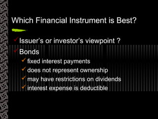Which Financial Instrument is Best?
Issuer’s or investor’s viewpoint ?
Bonds
 fixed interest payments
 does not represent ownership
 may have restrictions on dividends
 interest expense is deductible
 