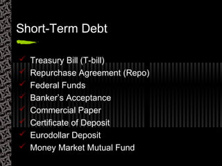 Short-Term Debt
 Treasury Bill (T-bill)
 Repurchase Agreement (Repo)
 Federal Funds
 Banker’s Acceptance
 Commercial Paper
 Certificate of Deposit
 Eurodollar Deposit
 Money Market Mutual Fund
 