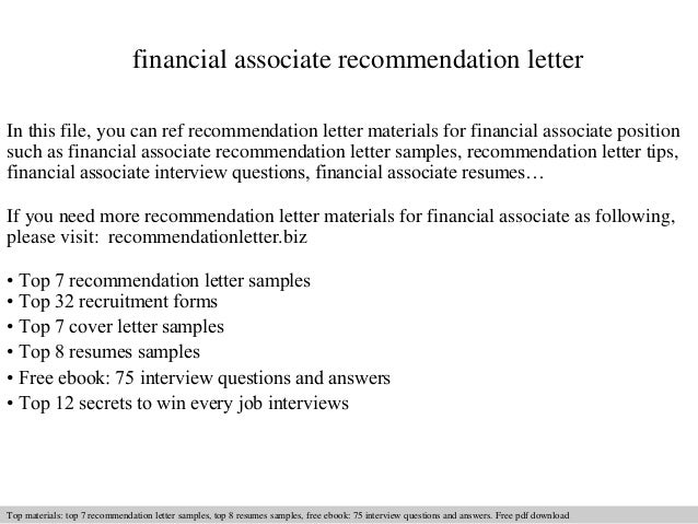financial associate recommendation letter financial associate resumes