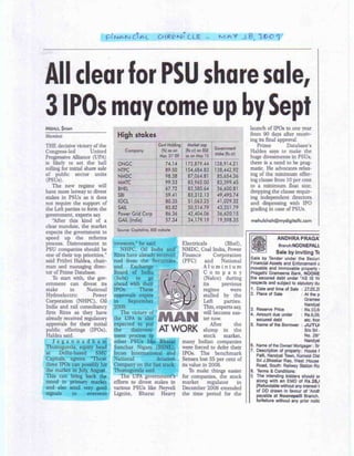 Financial Chronicle May 18 2009_All clear for PSU share sale, 3 IPOs may come up by Sept
