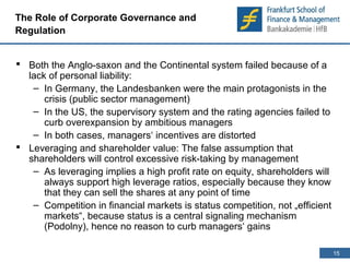 15 
15 
The Role of Corporate Governance and 
Regulation 
 Both the Anglo-saxon and the Continental system failed because of a 
lack of personal liability: 
– In Germany, the Landesbanken were the main protagonists in the 
crisis (public sector management) 
– In the US, the supervisory system and the rating agencies failed to 
curb overexpansion by ambitious managers 
– In both cases, managers‘ incentives are distorted 
 Leveraging and shareholder value: The false assumption that 
shareholders will control excessive risk-taking by management 
– As leveraging implies a high profit rate on equity, shareholders will 
always support high leverage ratios, especially because they know 
that they can sell the shares at any point of time 
– Competition in financial markets is status competition, not „efficient 
markets“, because status is a central signaling mechanism 
(Podolny), hence no reason to curb managers‘ gains 
 