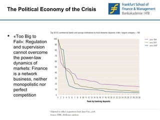 19 
19 
The Political Economy of the Crisis 
 «Too Big to 
Fail»: Regulation 
and supervision 
cannot overcome 
the power-law 
dynamics of 
markets: Finance 
is a network 
business, neither 
monopolistic nor 
perfect 
competition 
 