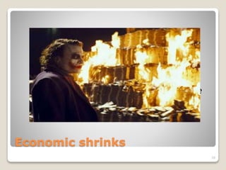 Economic shrinks
“Just as taking out a new loan creates
money, the repayment of bank loans
destroys money… Banks making loans
and consumers repaying them are
the most significant ways in which bank
deposits are created and destroyed in the
modern economy.” (Money Creation in
the Modern Economy, Bank of England
p3-4)
10