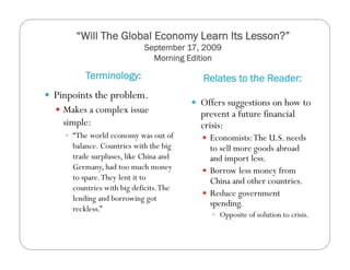 “Will The Global Economy Learn Its Lesson?”
September 17, 2009
Morning Edition
Terminology: Relates to the Reader:
  Pinpoints the problem.
  Makes a complex issue
simple:
  “The world economy was out of
balance. Countries with the big
trade surpluses, like China and
Germany, had too much money
to spare.They lent it to
countries with big deficits.The
lending and borrowing got
reckless.”
  Offers suggestions on how to
prevent a future financial
crisis:
  Economists:The U.S. needs
to sell more goods abroad
and import less.
  Borrow less money from
China and other countries.
  Reduce government
spending.
  Opposite of solution to crisis.
 