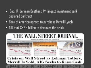  Sep. 14 Lehman Brothers 4th largest investment bank
declared bankrupt
 Bank of America agreed to purchase Merrill Lynch
 AIG took $82.9 billion to tide over the crisis.
 