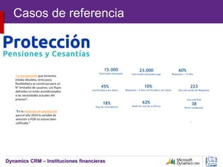 Dynamics CRM – Instituciones financieras
“En la medición de satisfacción
para el año 2014 la variable de
atención a PQR no estuvo bien
calificada.”
“La herramienta que teníamos
estaba obsoleta, tenía poca
flexibilidad y se construyo para un
N° limitados de usuarios. Los flujos
definidos no están acondicionados
a las necesidades actuales del
proceso”.
Casos de referencia
 