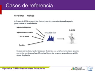 Dynamics CRM – Instituciones financieras
56
A finales de 2014 arrancó plan de crecimiento que evoluciona el negocio
para centrarlo en el cliente
En este contexto surge la necesidad de contar con una herramienta de gestión
comercial que integre las diferentes líneas de negocio y aporte una visión
única de cliente
Segmento Negocios
Segmento Particulares
Casa de Bolsa
Cambios
DYNAMICS CRM
CLIENTE
VePorMas – México
Casos de referencia
 