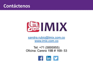 Contáctenos
sandra.rubio@Imix.com.co
www.imix.com.co
Tel: +71 (5895955)
Oficina: Carera 19B # 168- 53
 