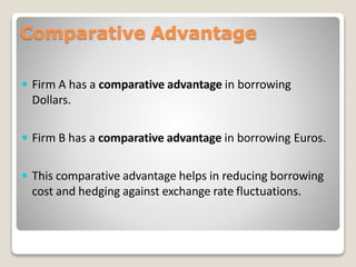Comparative Advantage
 Firm A has a comparative advantage in borrowing
Dollars.
 Firm B has a comparative advantage in borrowing Euros.
 This comparative advantage helps in reducing borrowing
cost and hedging against exchange rate fluctuations.
 