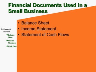 Financial Documents Used in a Small Business ,[object Object],[object Object],[object Object],[object Object],[object Object],[object Object],[object Object]