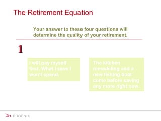 The Retirement Equation © 2008 Mulberry Communications The kitchen remodeling and a new fishing boat come before saving any more right now. How much will you save and invest? 1 I will pay myself  first. What I save I won’t spend. Your answer to these four questions will determine the quality of your retirement. 
