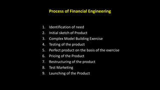 1. Identification of need
2. Initial sketch of Product
3. Complex Model Building Exercise
4. Testing of the product
5. Perfect product on the basis of the exercise
6. Pricing of the Product
7. Restructuring of the product
8. Test Marketing
9. Launching of the Product
Process of Financial Engineering
 