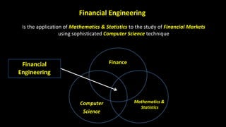Financial Engineering
Is the application of Mathematics & Statistics to the study of Financial Markets
using sophisticated Computer Science technique
Finance
Mathematics &
Statistics
Computer
Science
Financial
Engineering
 