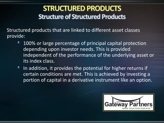 Structured products that are linked to different asset classes
provide:
100% or large percentage of principal capital protection
depending upon investor needs. This is provided
independent of the performance of the underlying asset or
its index class.
In addition, it provides the potential for higher returns if
certain conditions are met. This is achieved by investing a
portion of capital in a derivative instrument like an option.
 