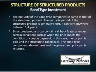 The maturity of the bond type component is same as that of
the structured product. The maturity period of the
structured product is generally short. It can vary anywhere
between 1-4 years.
Structured products can contain call back features under
certain conditions such as when the price meets the
condition of coupon payment. In this case, the coupon is
paid and the structure is called back. The bond type
component also matures and the guaranteed principal is
returned.
 