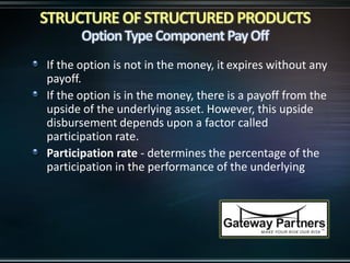 If the option is not in the money, it expires without any
payoff.
If the option is in the money, there is a payoff from the
upside of the underlying asset. However, this upside
disbursement depends upon a factor called
participation rate.
Participation rate - determines the percentage of the
participation in the performance of the underlying
 