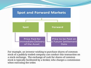 For example, an investor wishing to purchase shares of common
stock of a publicly traded company can conduct this transaction on
a stock exchange. The exchange of cash for shares of common
stock is typically facilitated by a broker, who charges a commission
when executing the order.
 