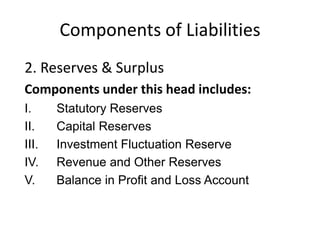 Components of Liabilities
2. Reserves & Surplus
Components under this head includes:
I.     Statutory Reserves
II.    Capi...