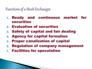 1. Ready and continuous market for
securities
2. Evaluation of securities
3. Safety of capital and fair dealing
4. Agency for capital formation
5. Proper canalization of capital
6. Regulation of company management
7. Facilities for speculation
 