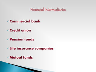  Commercial bank
 Credit union
 Pension funds
 Life insurance companies
 Mutual funds
 