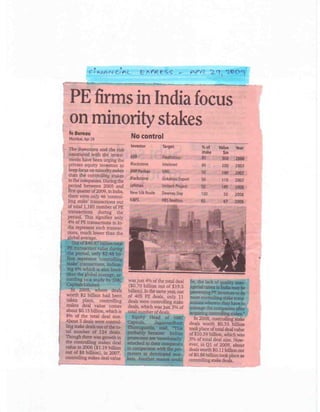 Financial Express 29 April 2009_PE firms in India prefer to be minority stakeholders