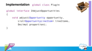 Implementation   global class Plugin
                                               Packaged
                                               Code

global interface IAdjustOpportunities
{
    void adjust(Opportunity opportunity,
        List<OpportunityLineItem> lineItems,
        Decimal proportion);
}
 