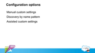 Configuration options

Manual custom settings
Discovery by name pattern
Assisted custom settings
 